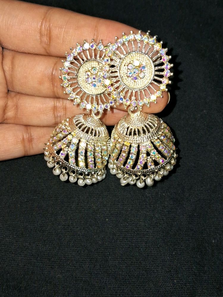 Beautiful White Mirror Work Earrings