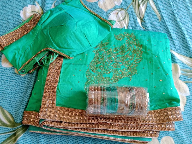 Heavy Stone Work Green Saree