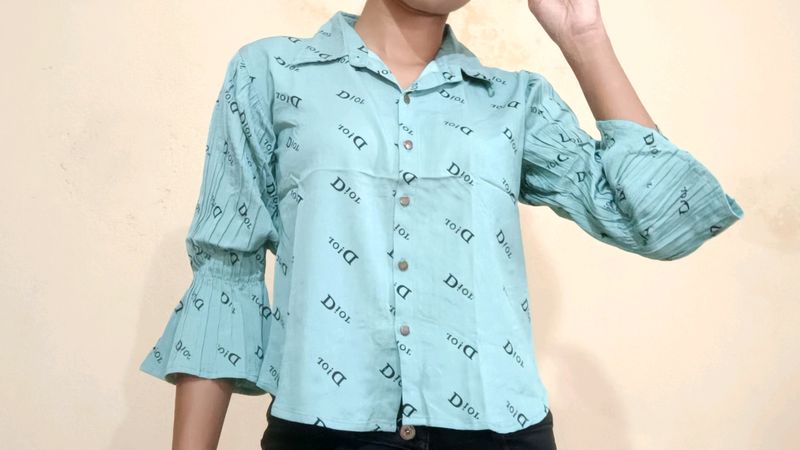 Sea Green Shirt Pattern Crop Top