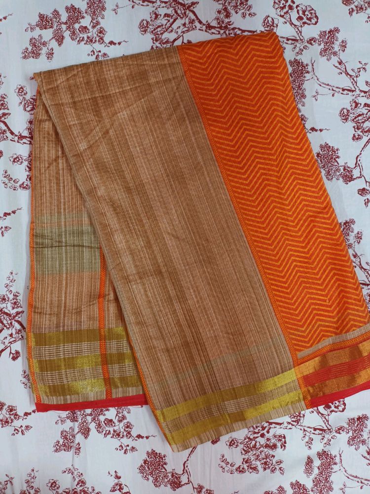 Orange And Black Color Synthetic Kota Saree