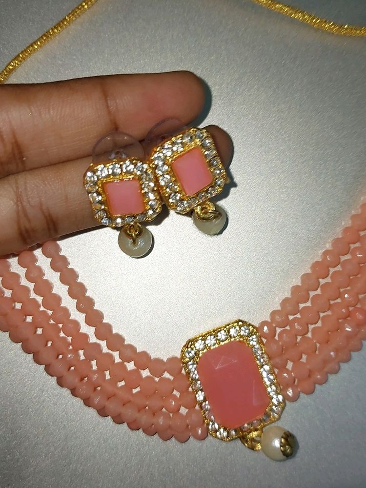 Coral Color Choker Necklace Set With Earrings