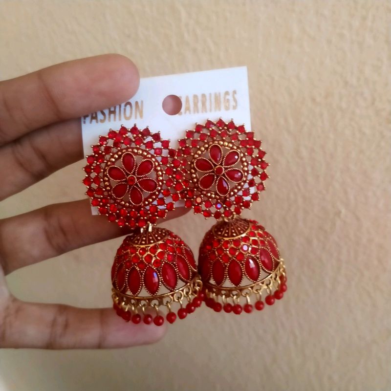 Beautiful Golden Jhumka With Red Diamonds