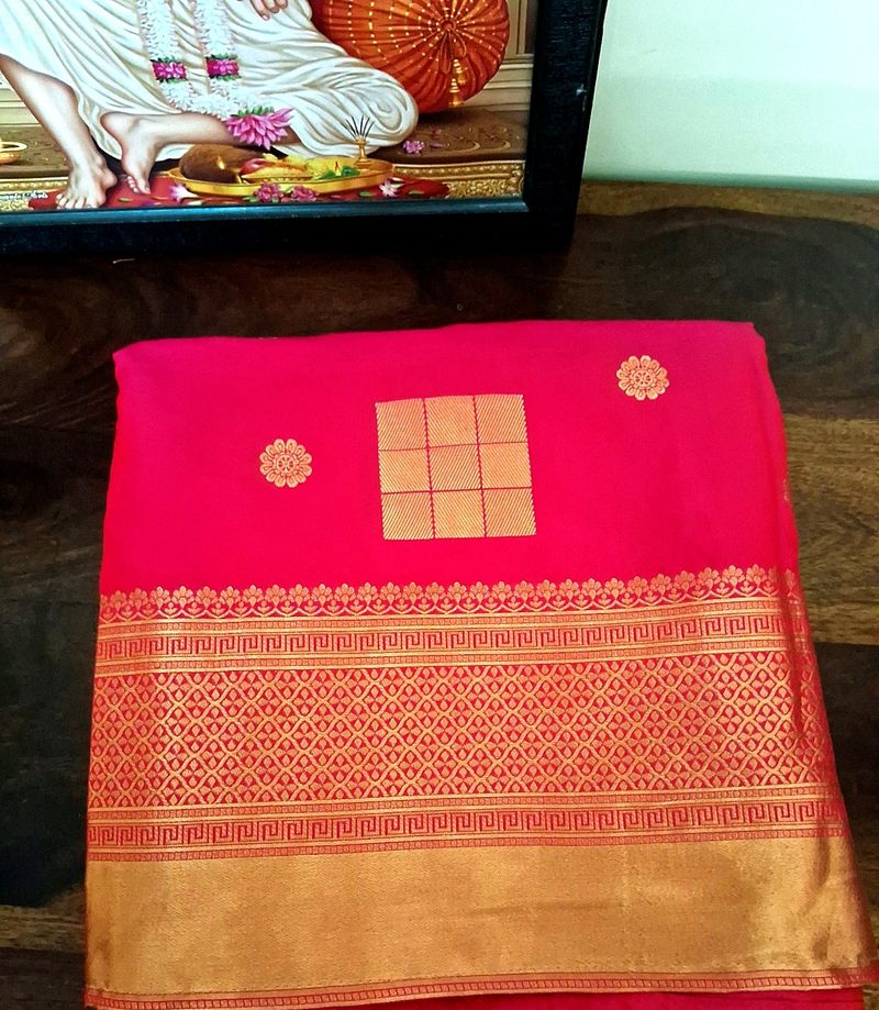 Yellow & Pink Banarasi Silk Half Saree Set.