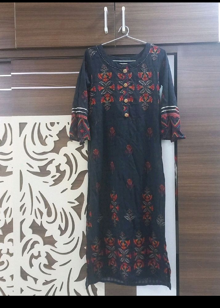 Navy Blue Block Print Straight Kurta Set