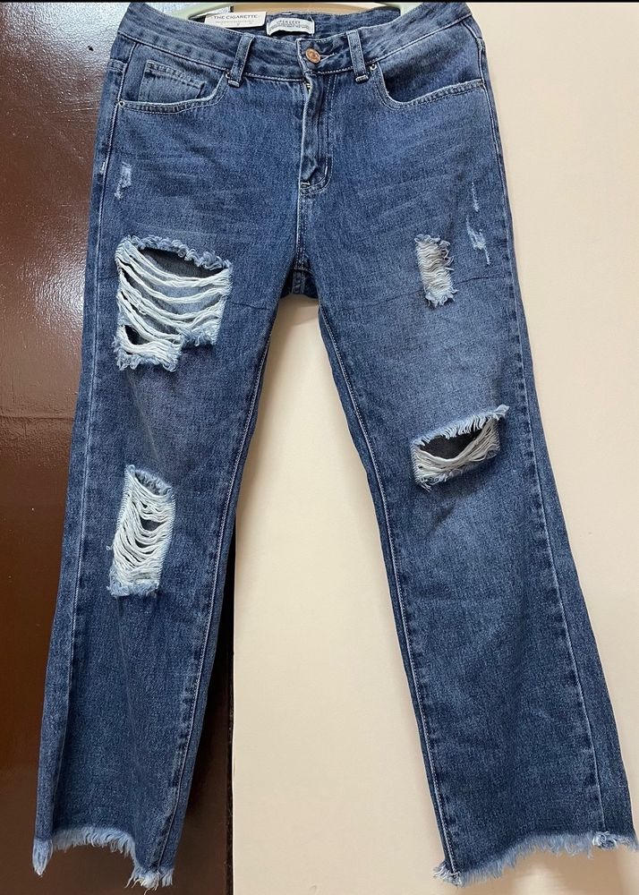 Straight Ripped Mid Waist Denim Jeans