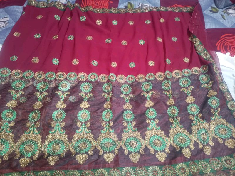 Maroon Lehenga Style Saree With Blouse