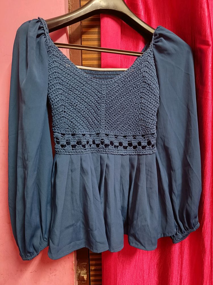 Beautiful New Front Crochet Rusted Blue Top