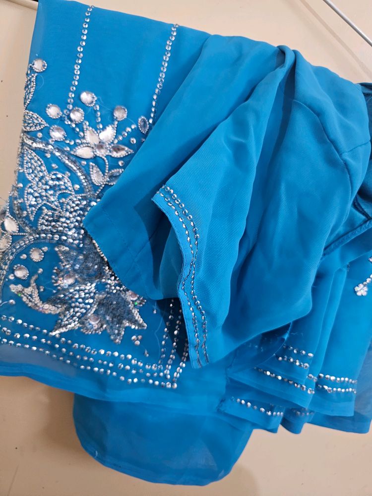 Sequin Blue Saree With Stitched Blouse