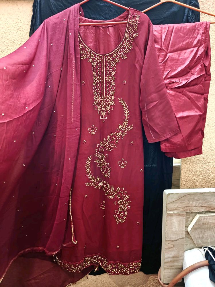 Maroon Georgette Stitched Dress