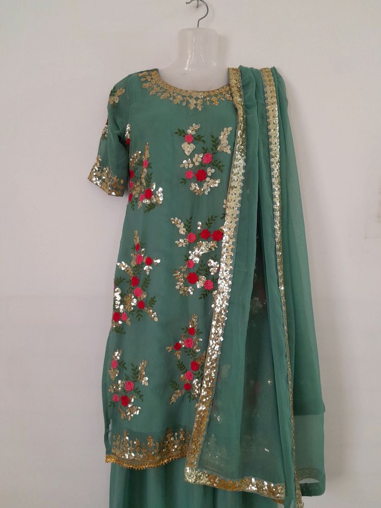 Sea Green Embroidered Kurta Palazzo Set