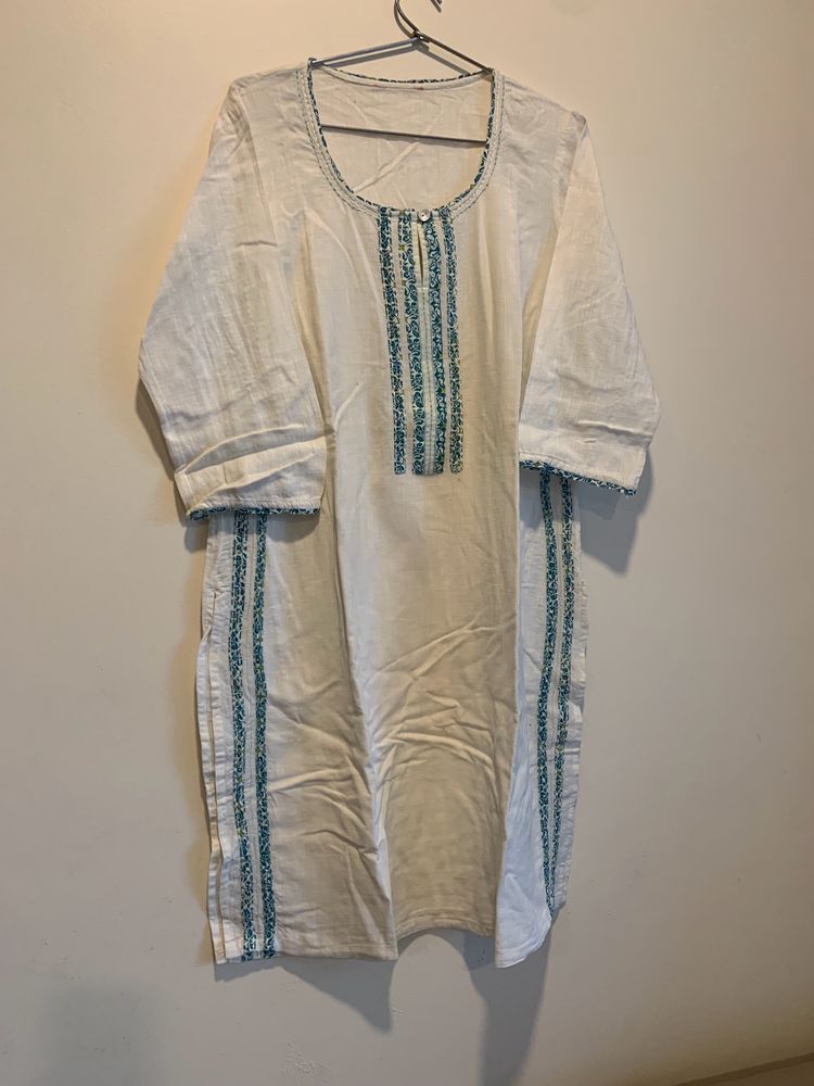 Pure Cotton White Kurti Light Embroidered