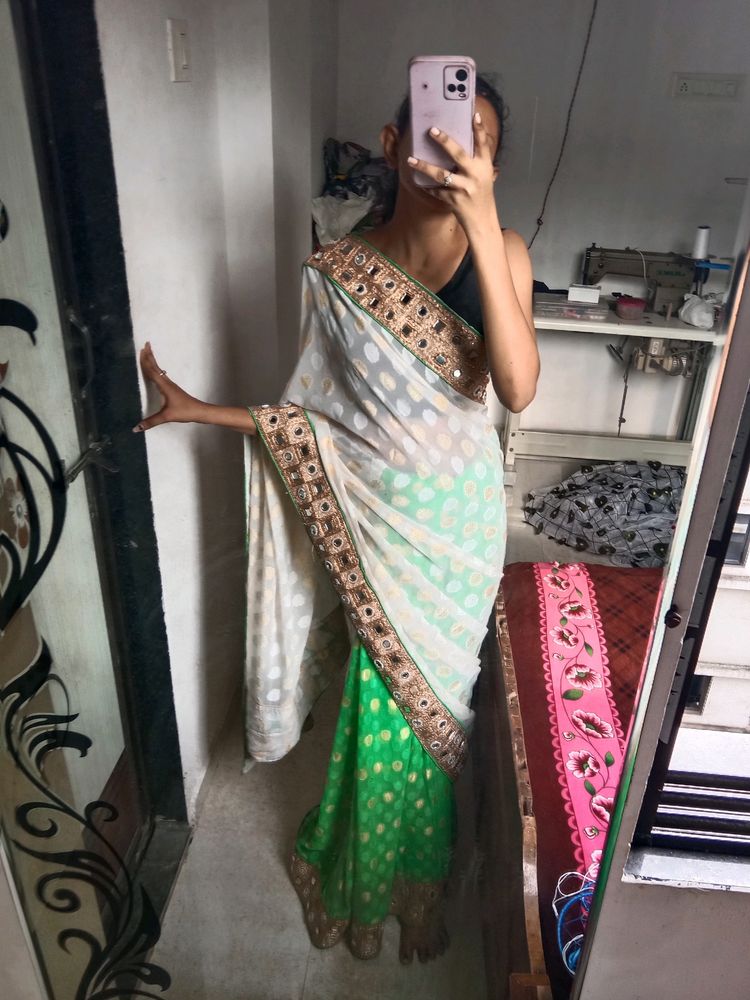 White And Green Heavy Saree