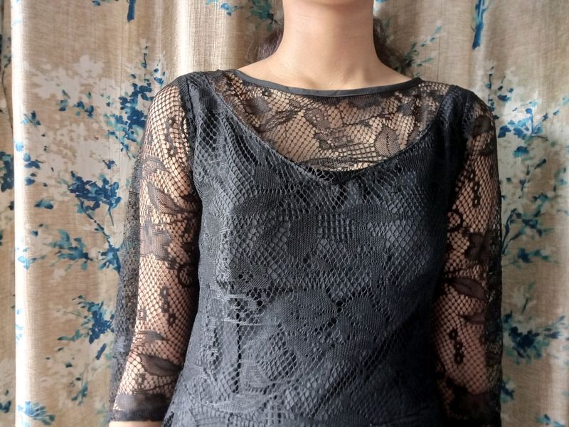 Lace/Net Black Full Length Dress