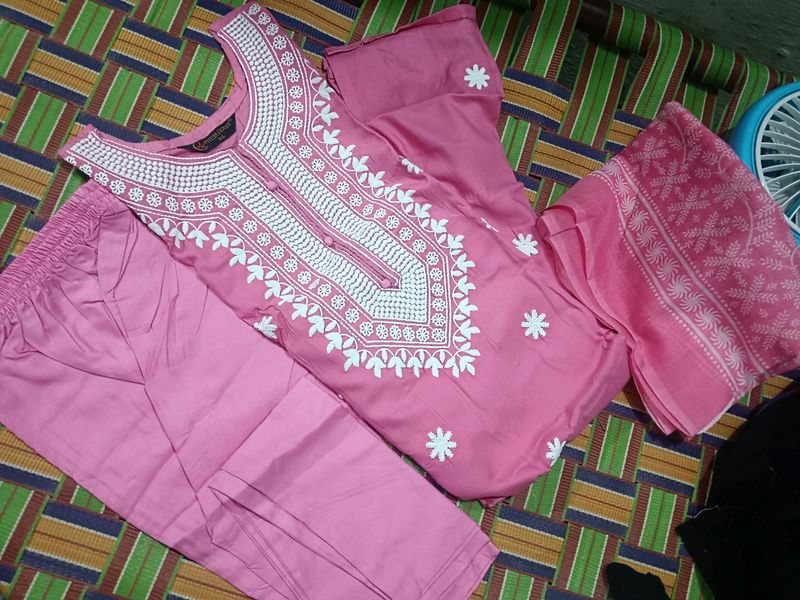 Pink chickanKari Kurti Pant Dupatta Set With Tag