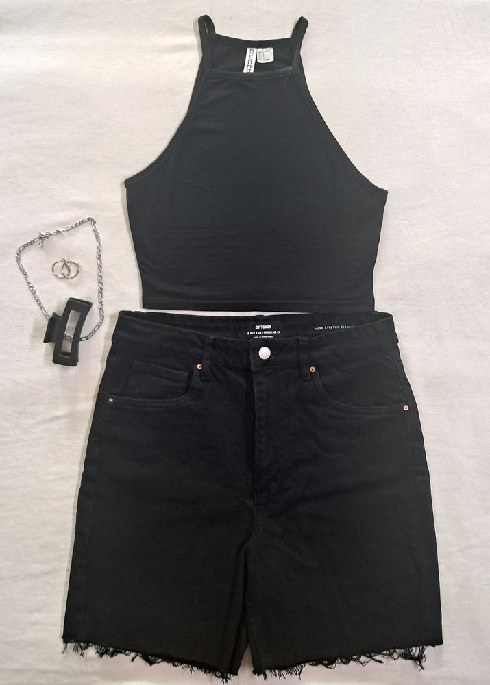 High-Waist Black Denim Shorts