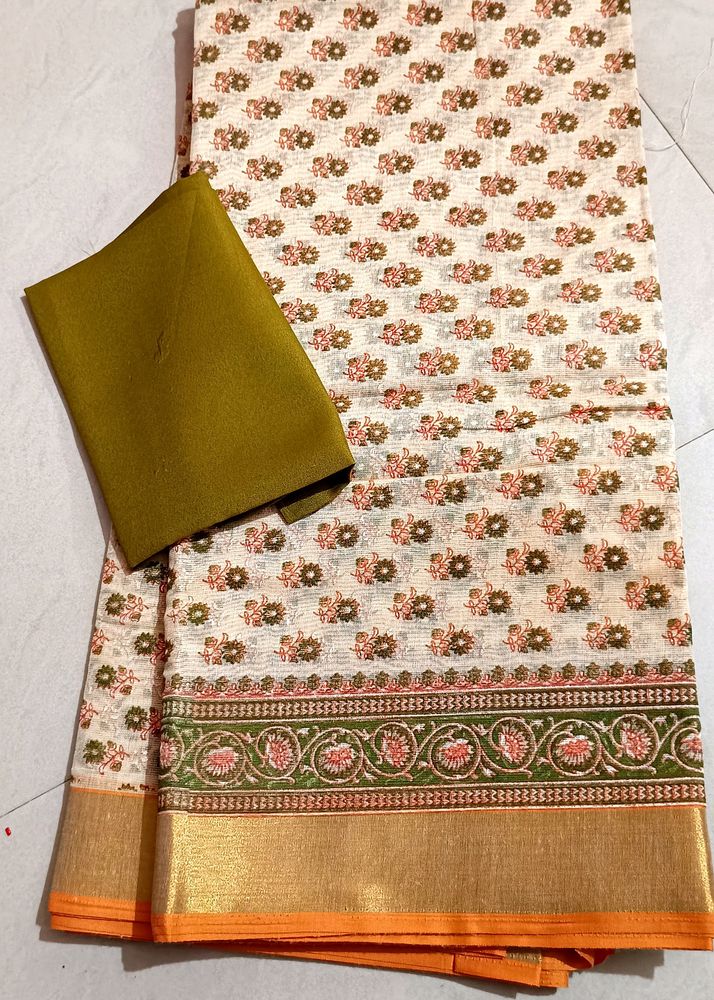 Price Drop!! New!! Cream & Green Saree✅