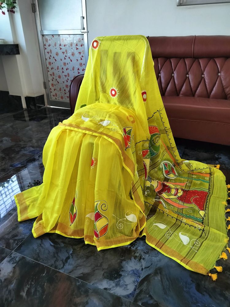 Yellow Handprinted Kota Cotton Saree