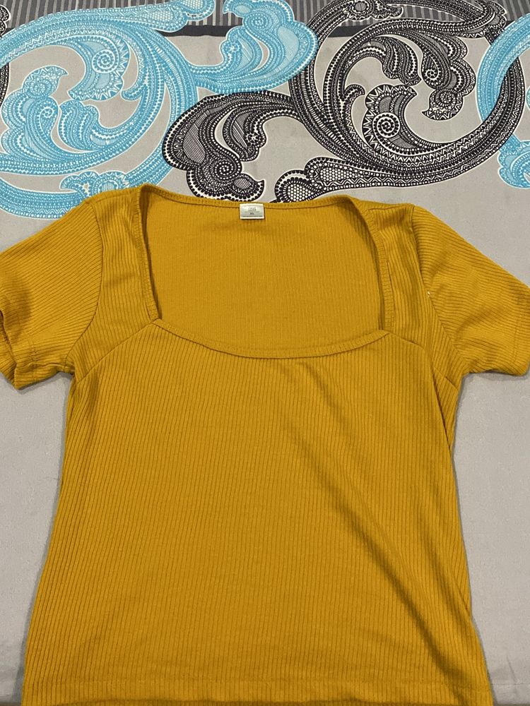 Mustard Yellow Ribbed Square Neck Top