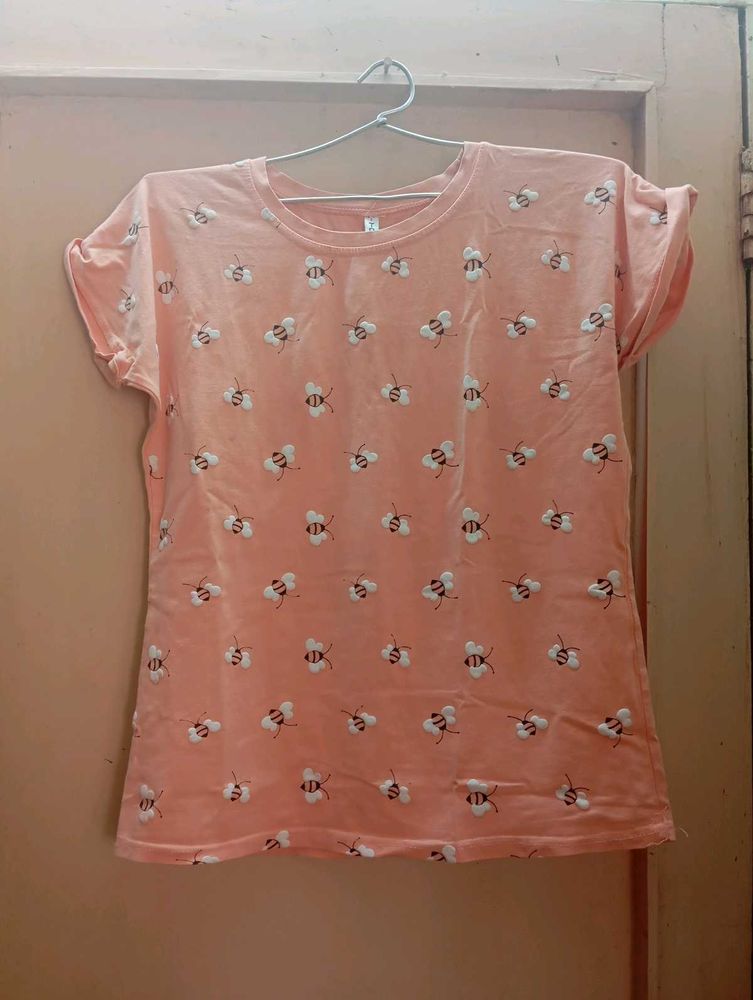 Peach Colour T-shirt With Butterflies Pattern