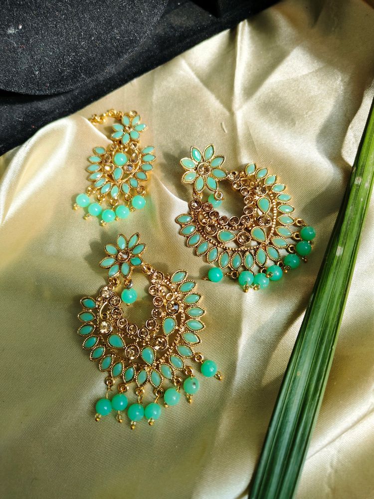 Ethnic Mint Light Green Earrings With Mangtika