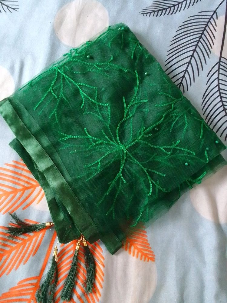 Green Dupatta With Ful Embroidery &Tesels