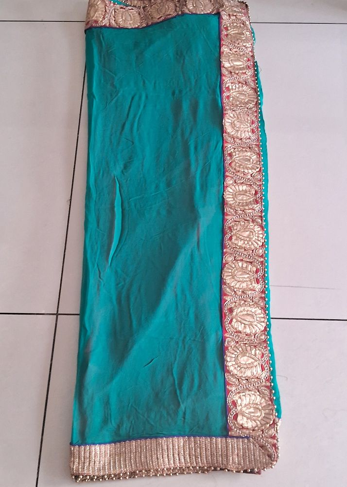 Beautiful Sea Green Sari with Golden Border