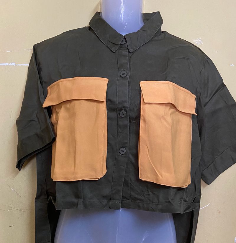 Olive High Low Shirt With Big Pockets