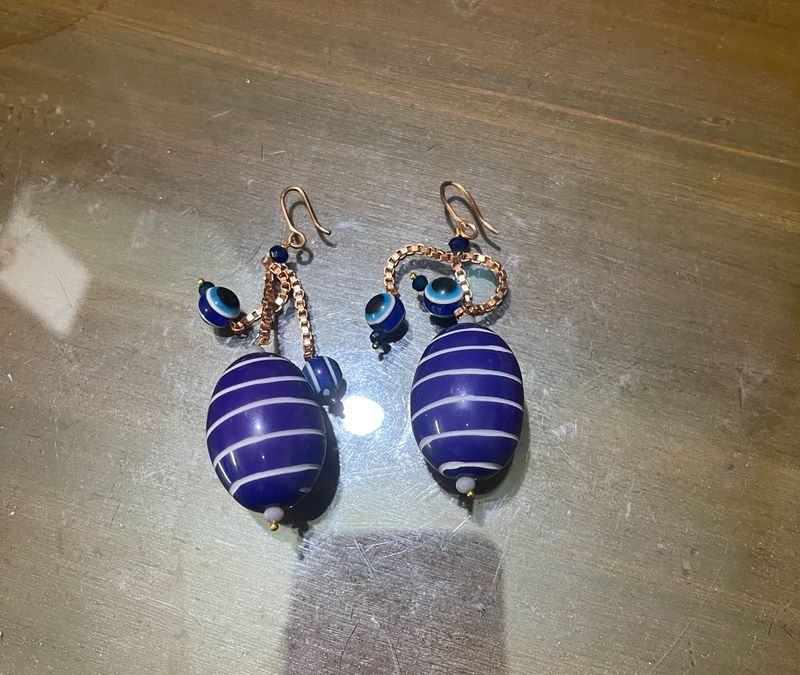 Big Blue Chemical Stone Earring With Evil Eye