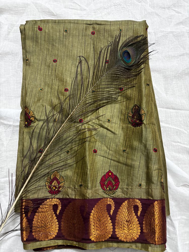 Olive Green Artsilk Saree