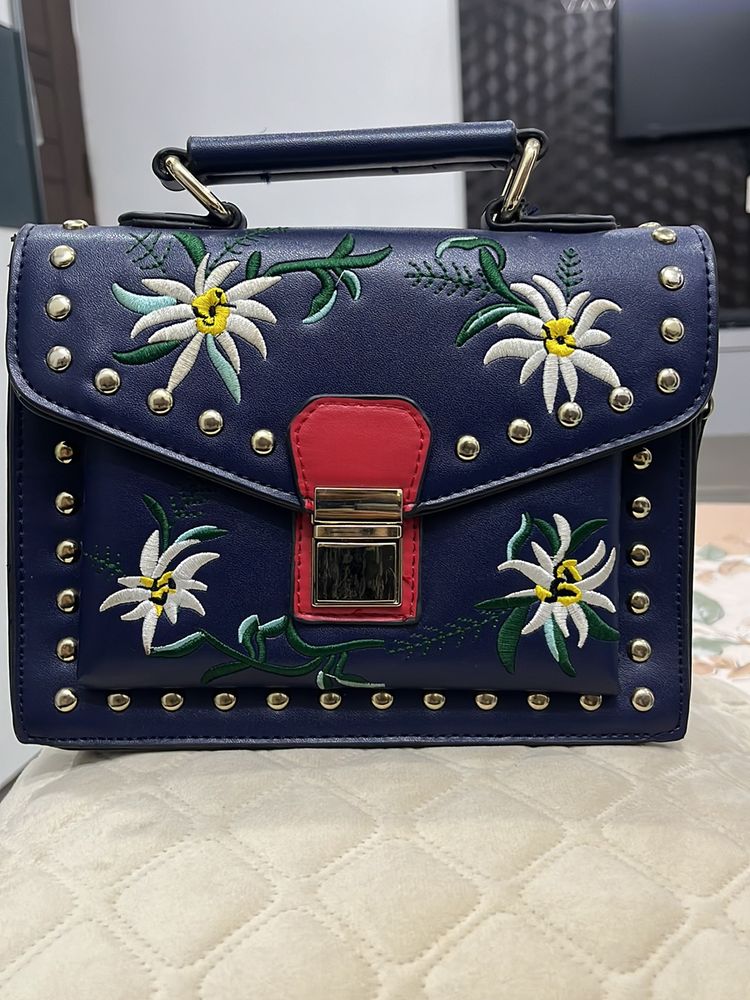 Women navy Blue Designer Bag With Embroidery Flowers Print