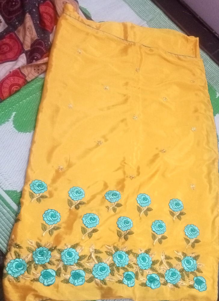 Yellow Colour Embroidery Work Saree