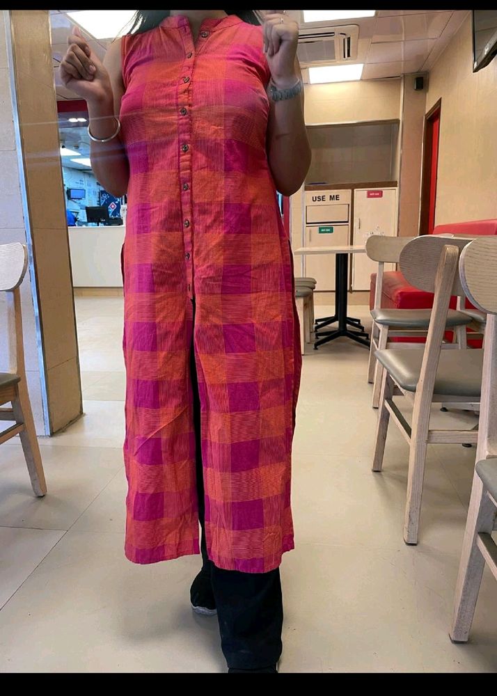 ANOUK Pink & Orange Checked Kurta