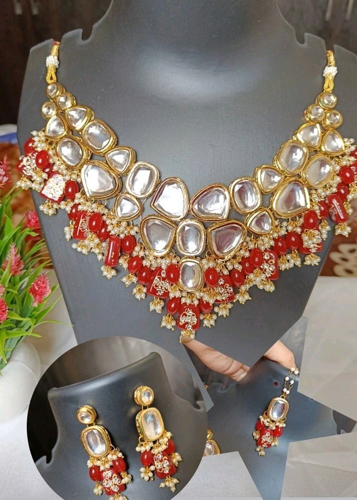 Semi Bridal Jewellery Set In Red Kundan