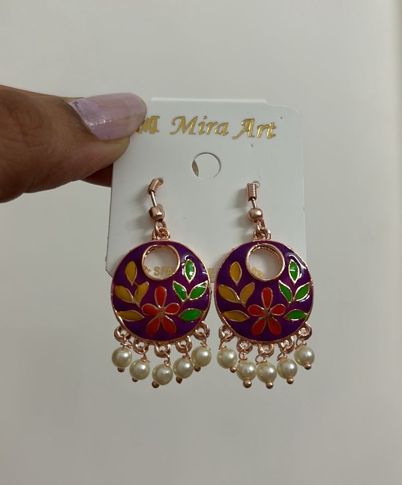 Purple Floral Mini Jhumki Drop Pearl Earrings