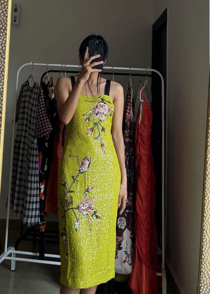 Sequins Yellow  Floral Bandeau Midi Dress