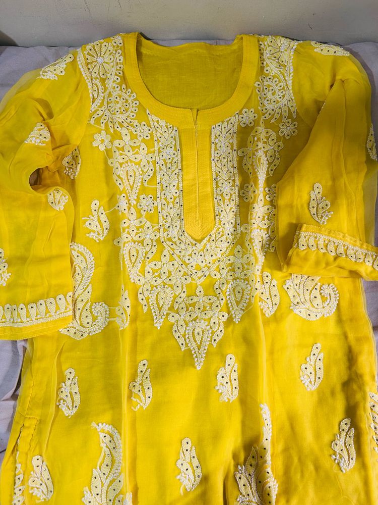 YELLOW CHIKANKARI GEORGETTE KURTI