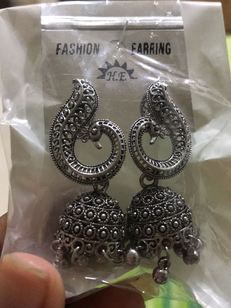 Oxidised Silver Peacock Mini Jhumkis