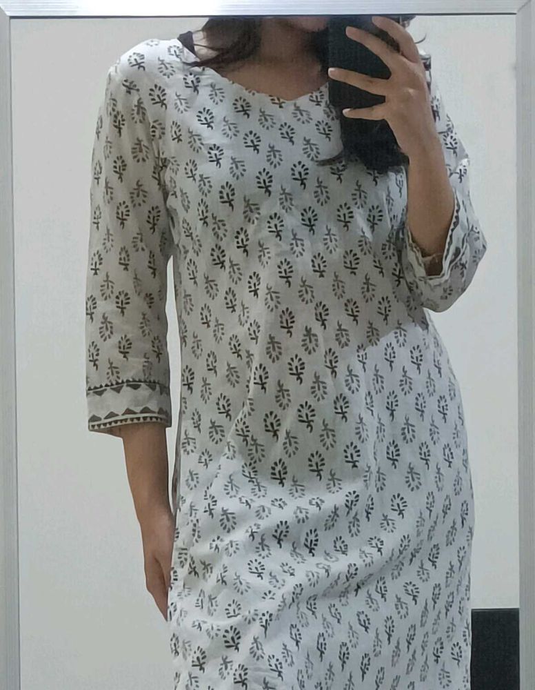 White Block Printed Straight Kurta