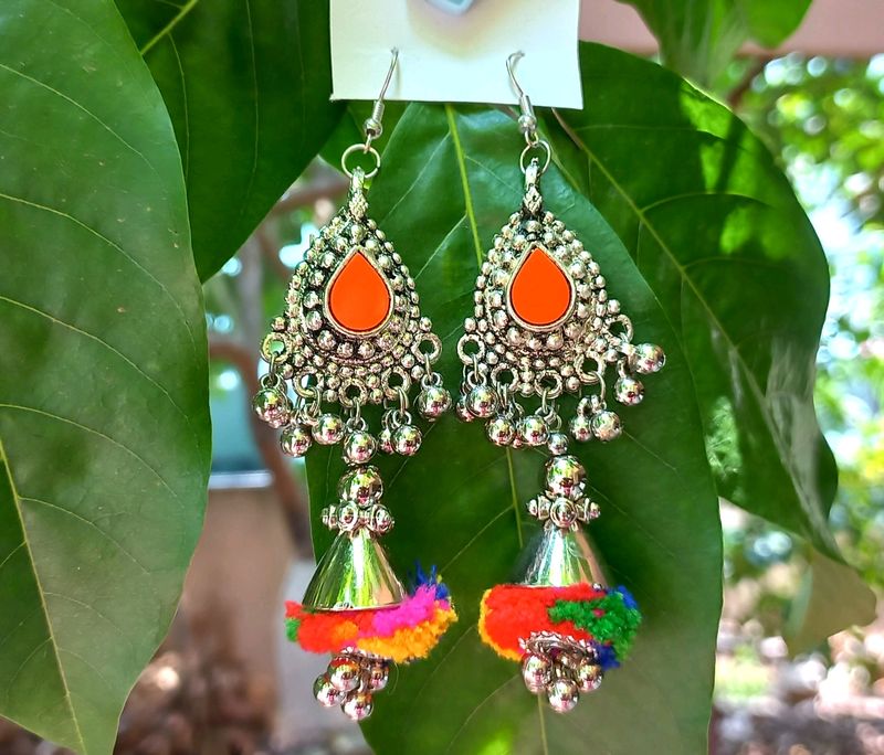 Orange Woollen Ball Jhumkas