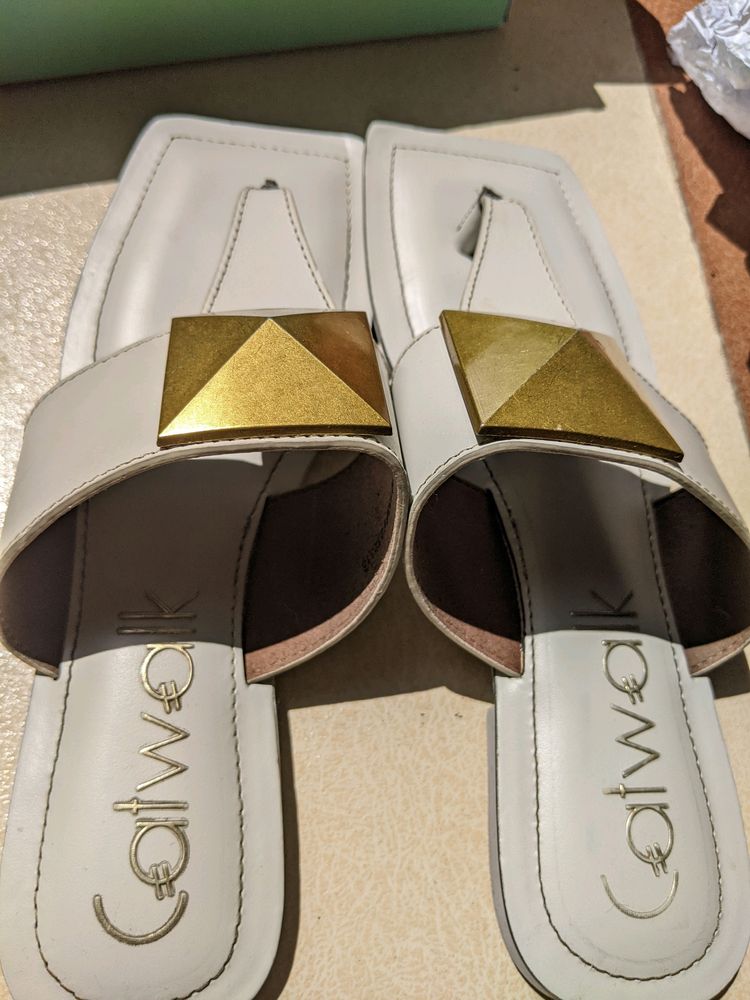 Off White And golden Catwalk Flats