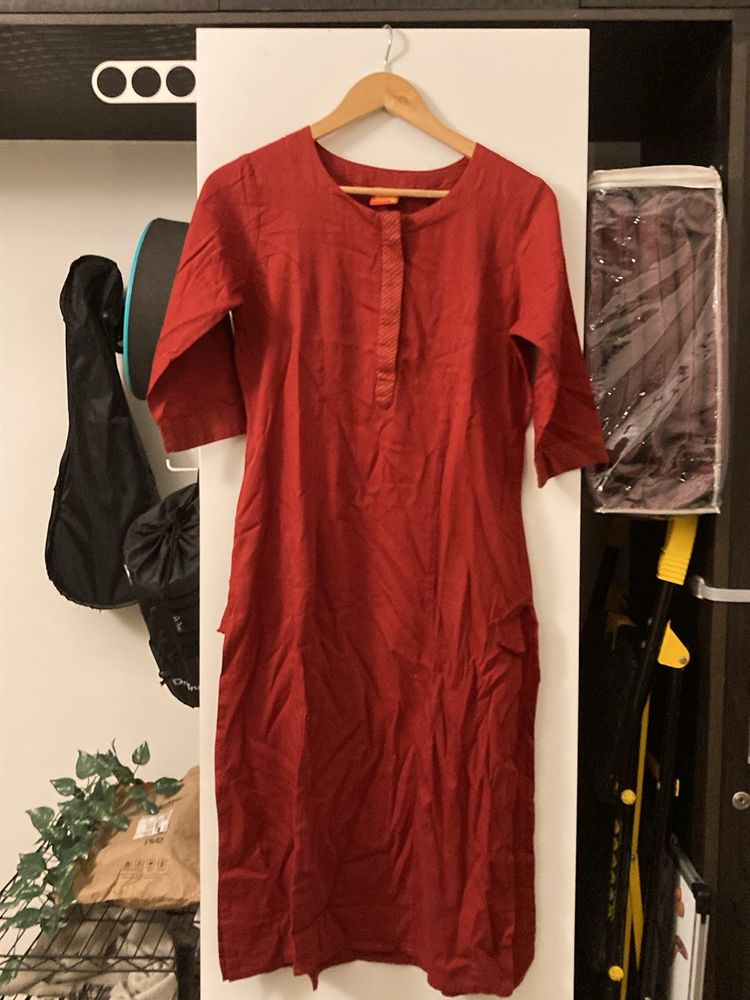 Red Unused Cotton Kurta With Gold Zari Detail