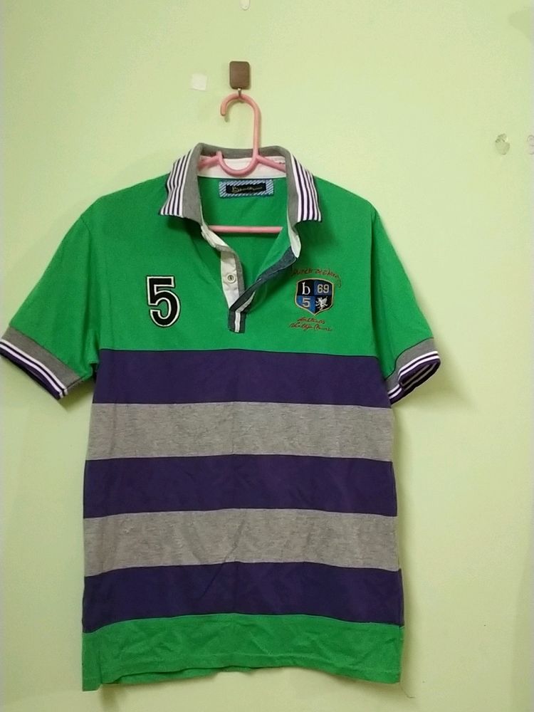 Green And Purple Multicolour Tshirt With Collar