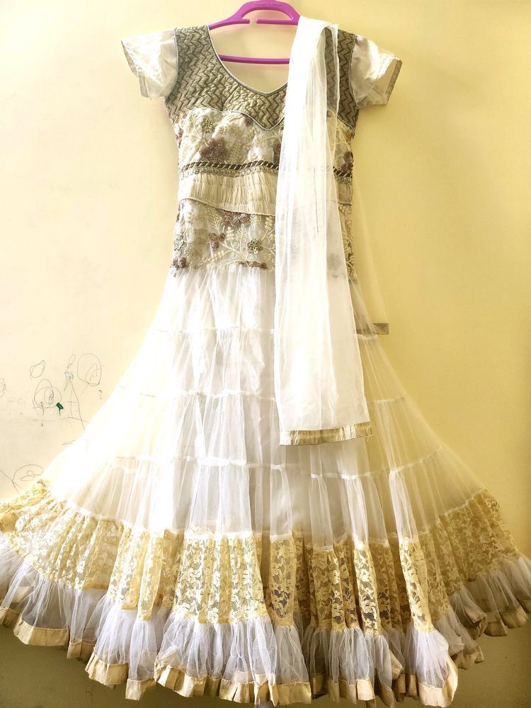 White Net Long Frock With Dupatta