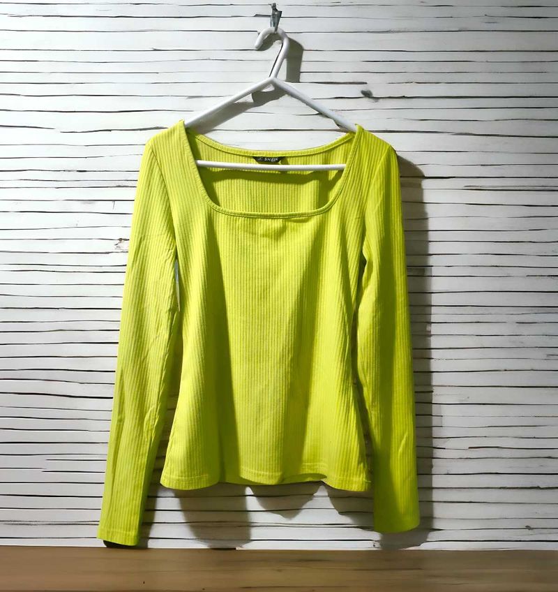 Deep Square Neck Ribbed T-Shirt in Lemon Yellow