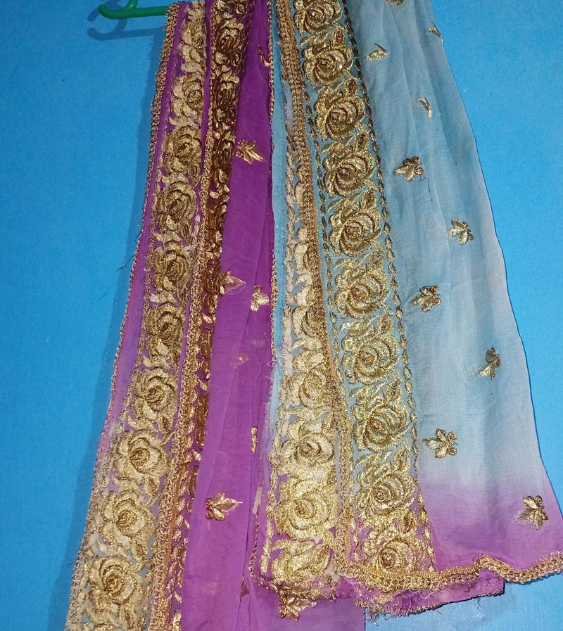 Purple And Blue Dupatta With Golden Colour design