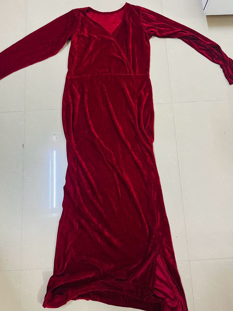 Women Long Maroon Split Bodycon Dress