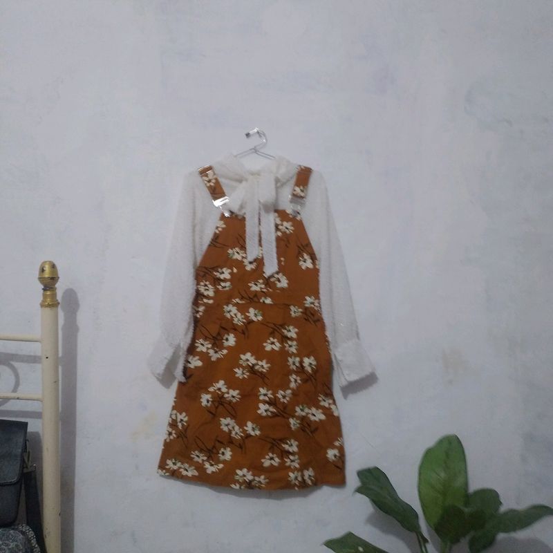 Korean Dungaree Dress With Cute Bowtie Top