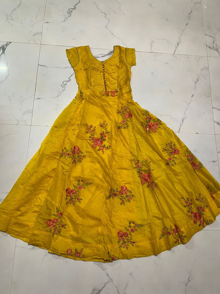 Yellow Floral Cotton Anarkali Kurta With Dupatta