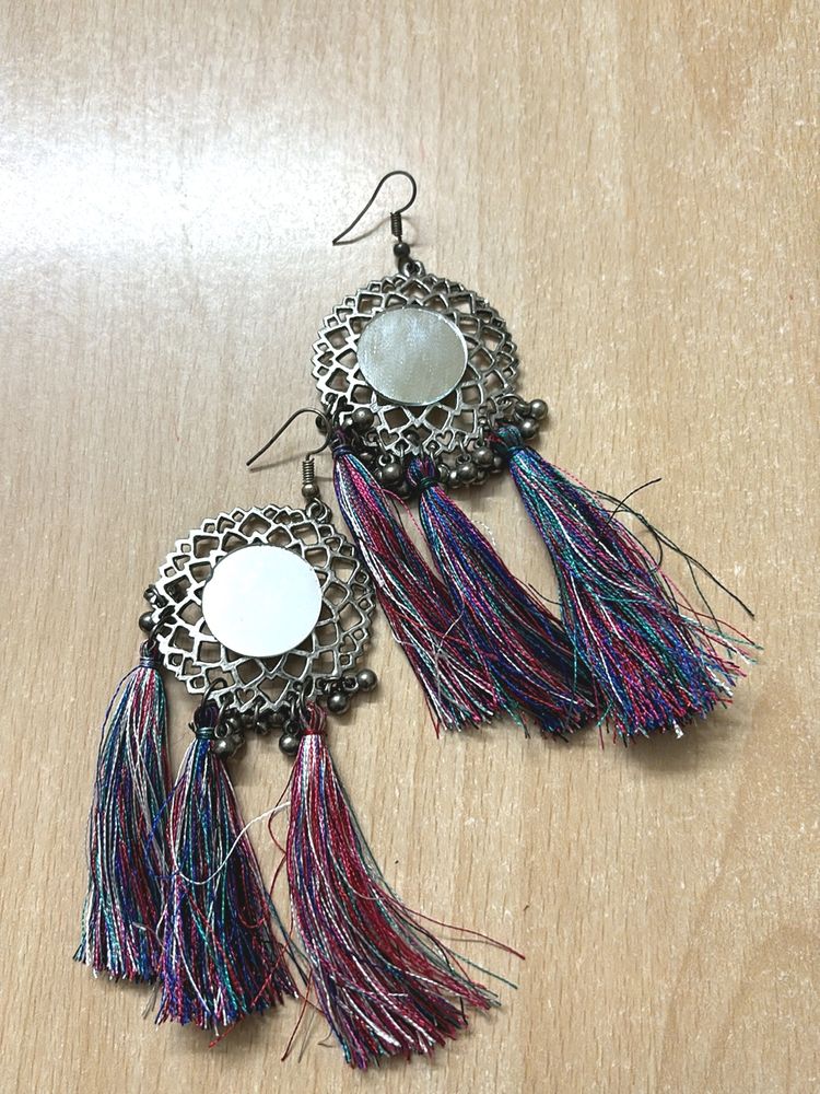 Oxidised Silver Tassle Earrings With Mirror Work