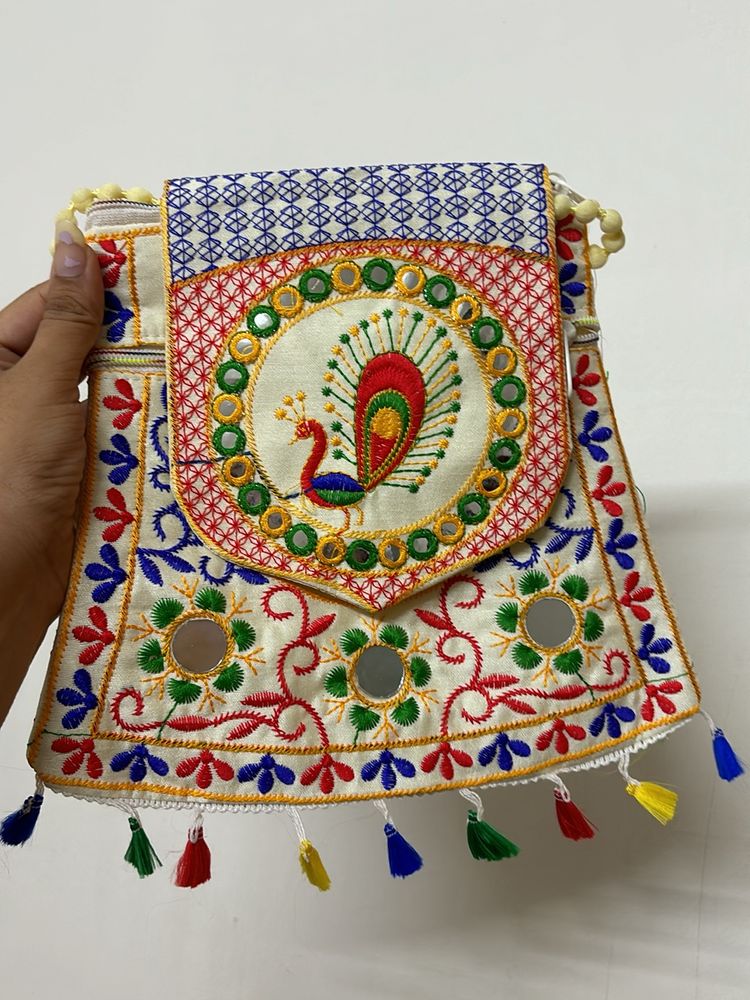 Off White Peacock Mirror Embroidered Sling Bag